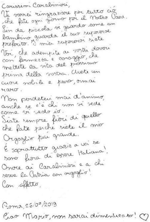 La lettera di una bambina ai carabinieri: “Siete i miei supereroi, ciao Mario, non ti dimenticheremo”